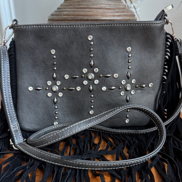 P & G Western Fringe Crossbody Bag with Studded Design - Grey - Picture 1 of 14